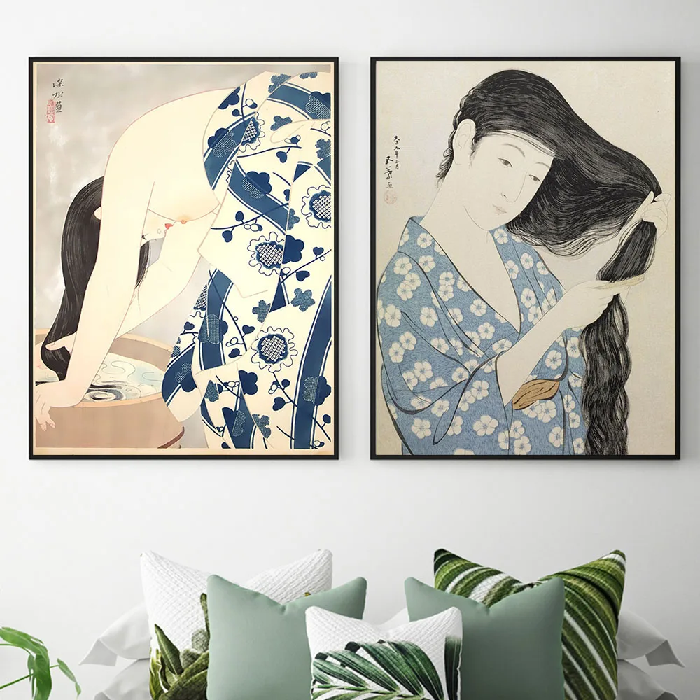 Japan Ukiyoe Posters and Prints Geisha Shampooing Combing Hair Canvas Painting Vintage Wall Pictures for Living Room Home Decor