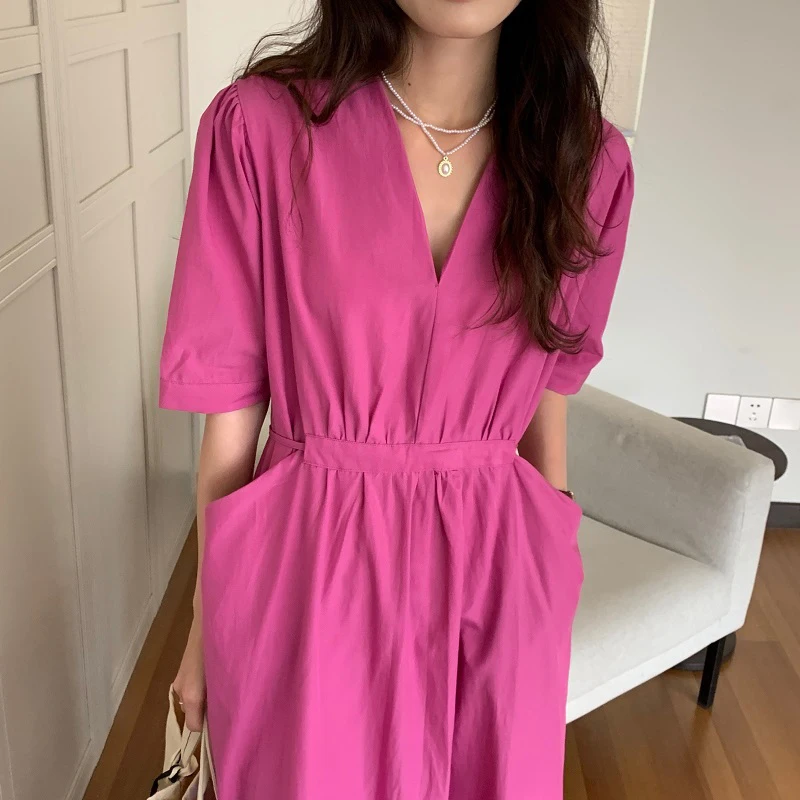 Pinkou Women Stylish Solid Midi Dress High Waist Pockets Bow Tie Sashes V Neck Green Pink Gery Female Chic Mid Calf Dresses QA76
