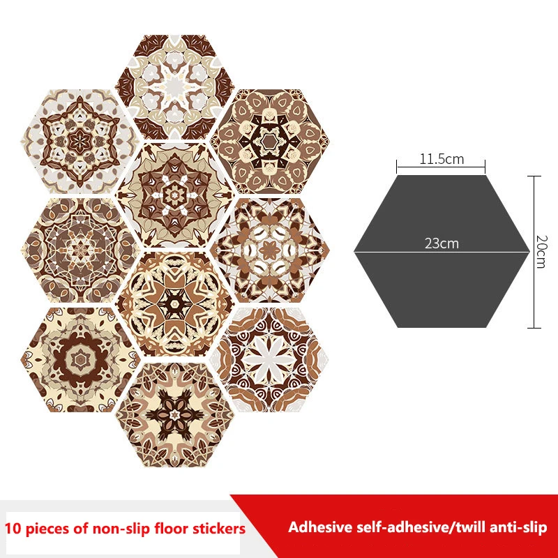 10pcs 욕실 바닥 스티커 껍질 스틱 자체 접착 방수 미끄럼 방지 육각 바닥 타일 주방 거실 장식