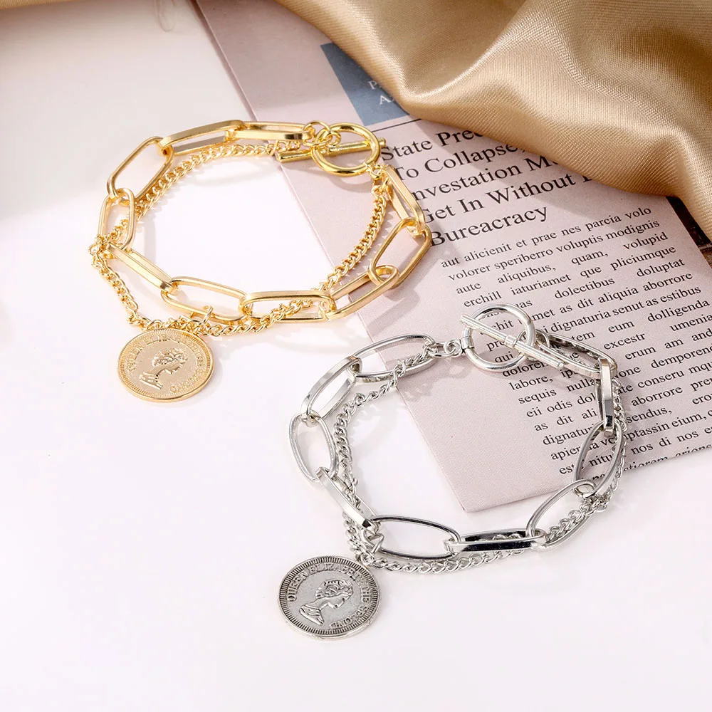 Punk Hip Hop Portrait Coin Bracelet Bohemian Retro Multilayer Chain Geometric Coin Pendant Bracelet Fashion Female Jewelry image 3