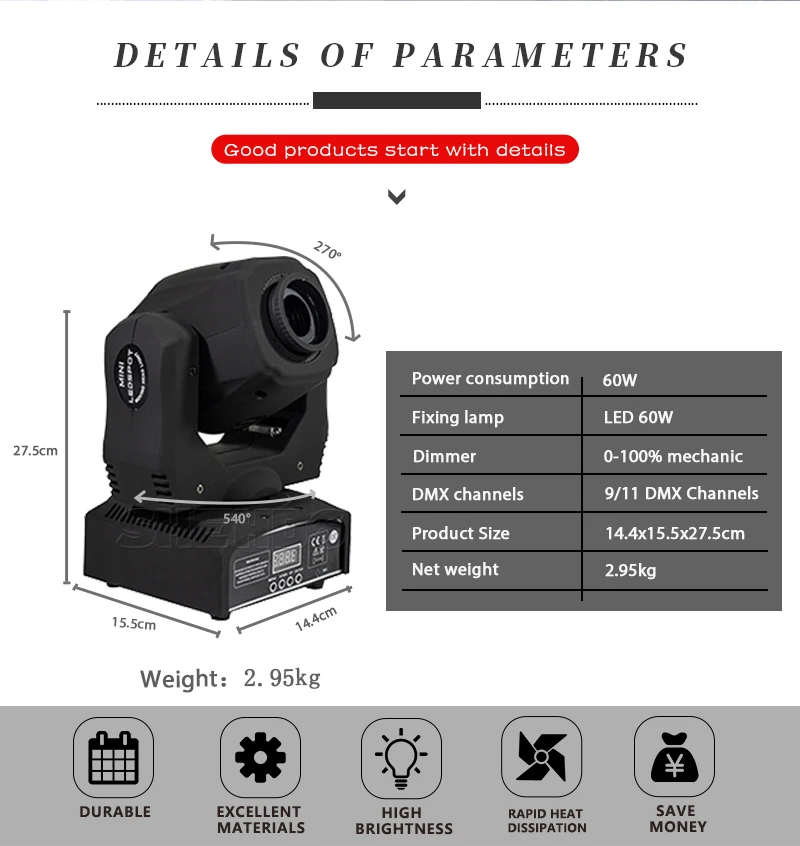 Imagem -04 - Iluminação Led Moving Head para Efeito de Palco Boa Tecnologia Dmx512 dj Festivais Disco Entretenimento Doméstico 60w