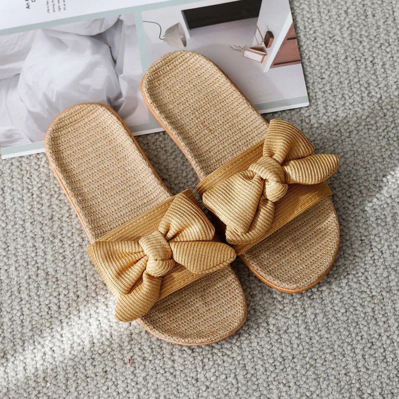 2021Bowknot household cool linen slippers women summer indoor non-slip resistance couples home slippers shoes women