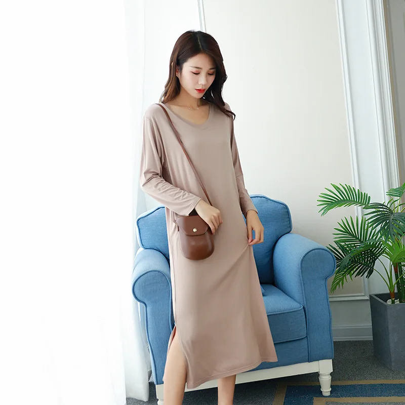 2023 Autumn Night Dress Women Loose large Nightgown Solid Color Sleepshirts Long-Sleeves Nightie Nightdress Modal Sleepwear