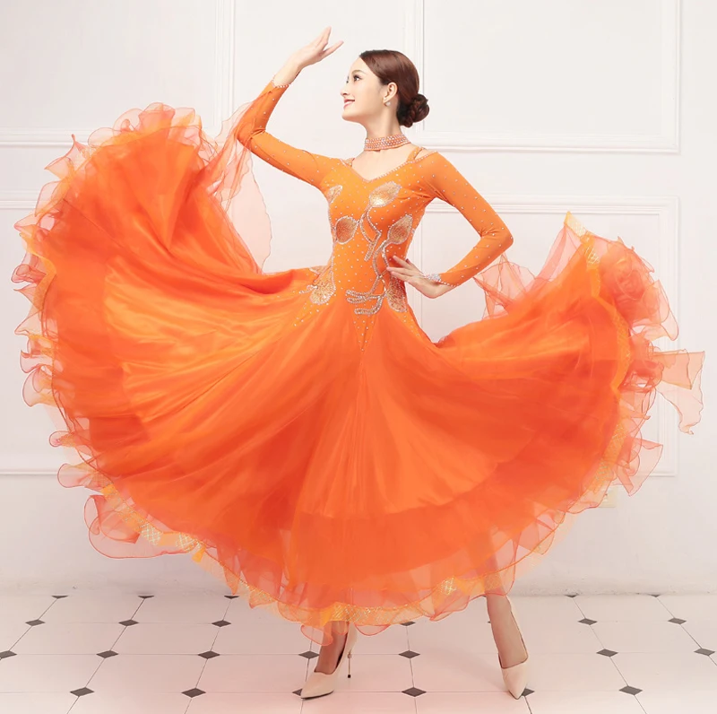 Vrouwen Ballroom Dans Jurken Nieuwste Prachtige Oranje Wals Tango Danskleding Volwassen Standaard Ballroom Dans Jurk