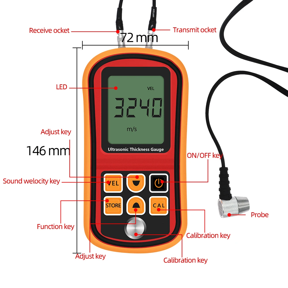 GM100 Digital Ultrasonic Thickness Gauge 1.2~225mm Voice Sound Velocity Meter 1000-9999 m/s Metal Glass Measuring Instruments