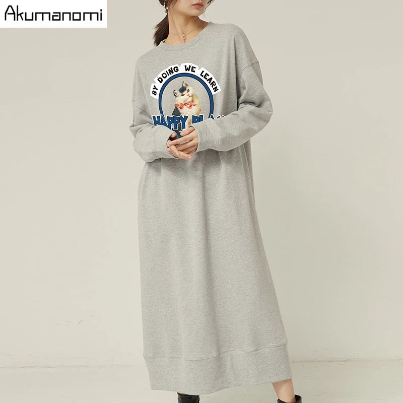 

cat dresses pockets woman plus size 7xl 6xl 5xl 4xl xxl o-neck long sleeve casual maxi harajuku fall dress for spring straight