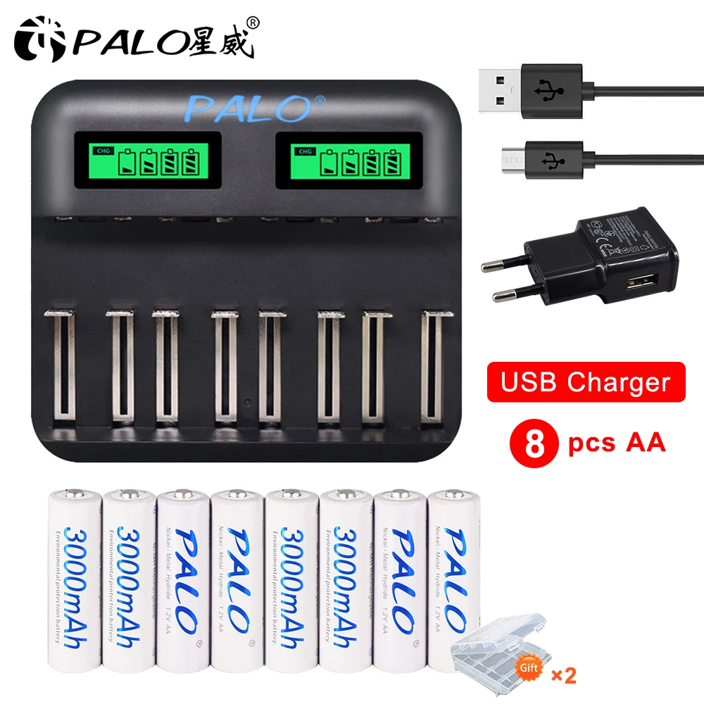 

PALO LCD Display AA AAA C D 1.2V Battery Charger Smart Quick Charger with 1.2V Ni-MH NI-CD C D Size AA AAA Rechargeable Battery