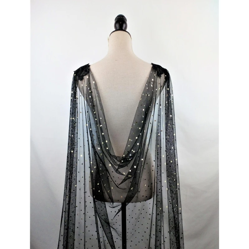 Black Gold Bridal Cape Veils Wedding Cloak Stars Moon Sequins Sparkly Starry Wedding Shoulder Backless Veil for Brides Long