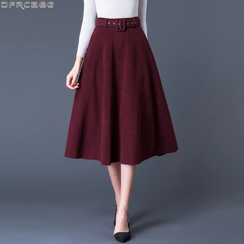 Elegant High Waist Long Skirts For Women Autumn Winter Woolen Velvet Skirt With Belt Loose A-line Maxi Ladies Skirt Khaki Red