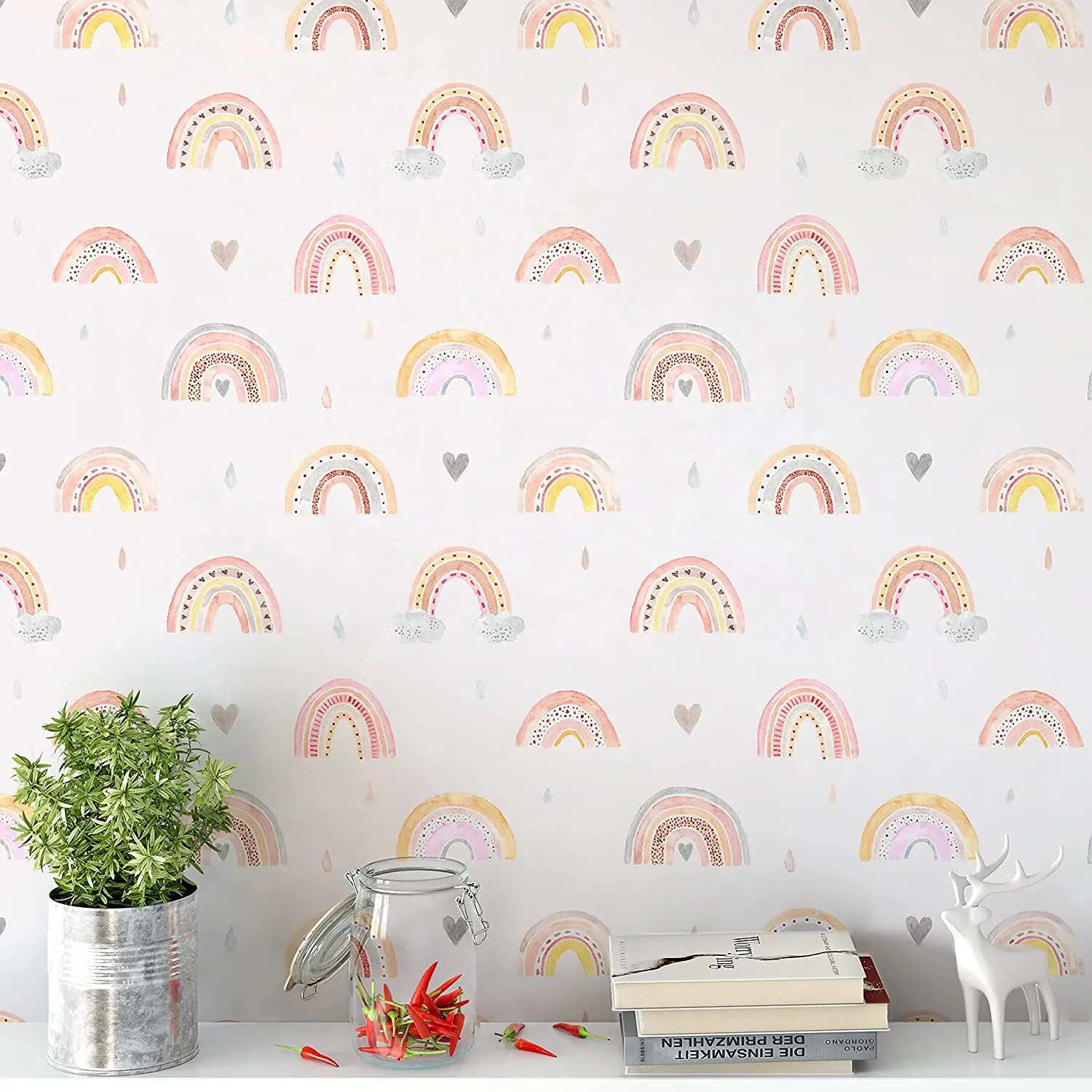 Watercolor Rainbow Peel and Stick Wallpaper Cute Removable Self-Adhesive Colorful Contact Paper for Nursery Kids Room Decor