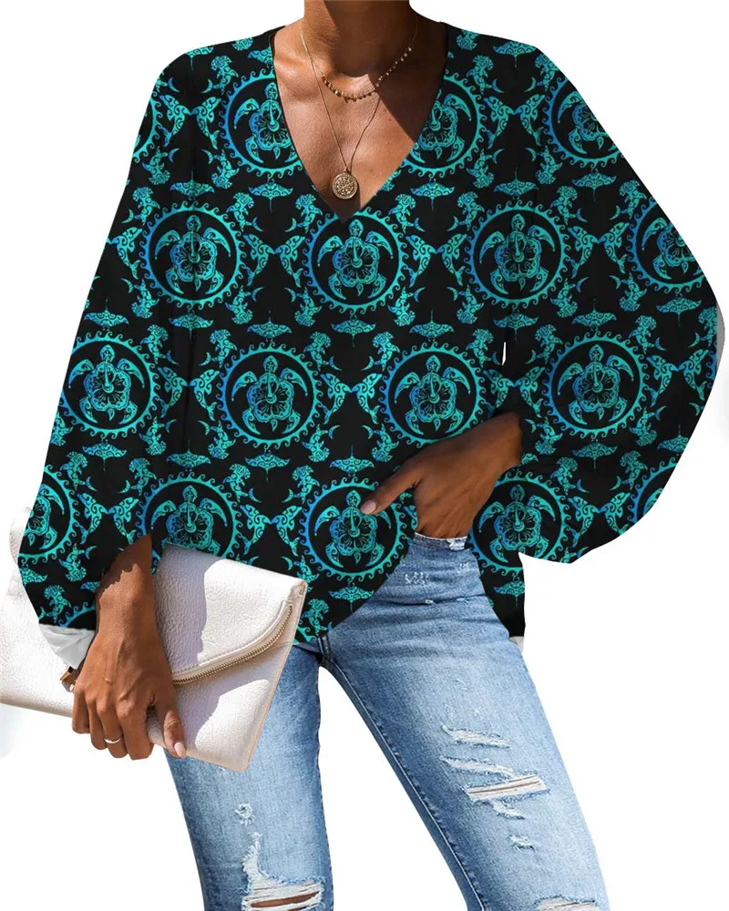 Women Hawaiia Style Deep Sexy V-neck Chiffon Blouse Turquoise Tribal Sea Turtle Printed Tops Shirt for Female Clothes