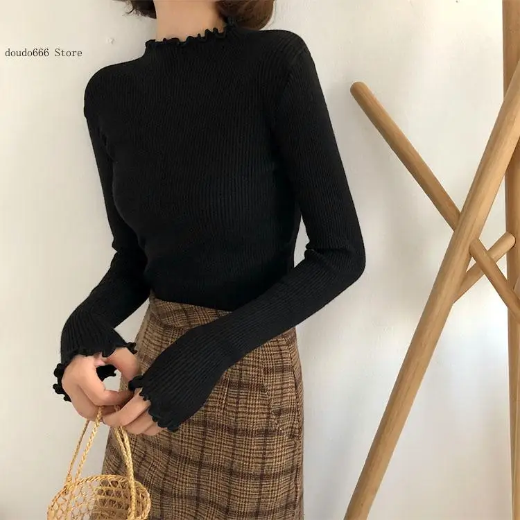 Fall Winter Ruffles Sweater Female Slim Sexy Knitted Pullovers Turtleneck Ruched Women Sweaters High Elastic Solid