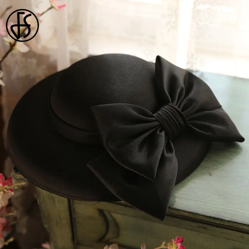 FS British Elegant White Fascinator Wedding Top Hat Female Big Brim Bowknot Black Fedora Church Tea Party Dress Derby Hats