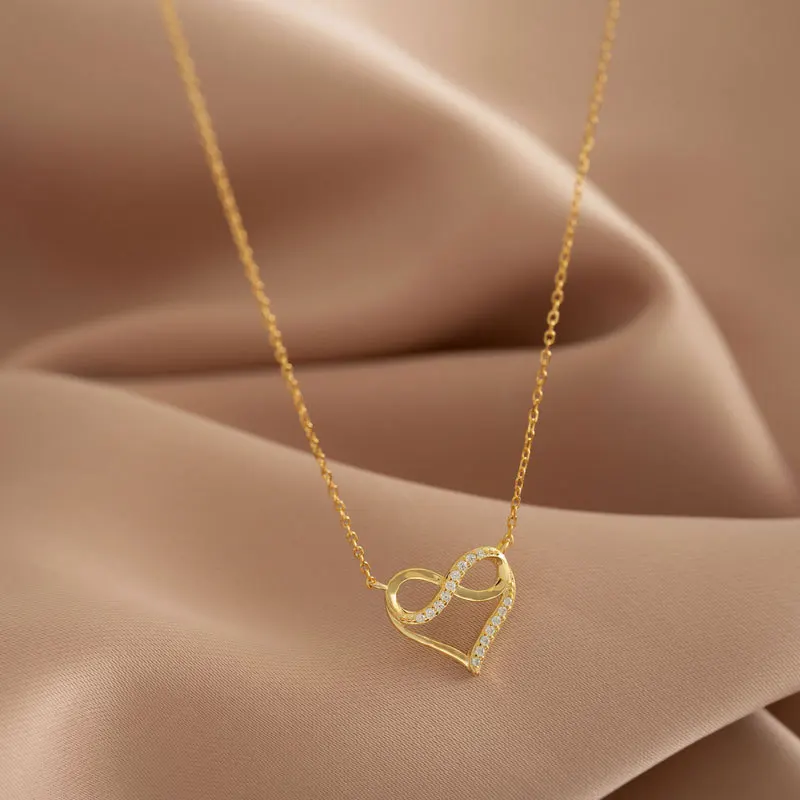 Luxus Romantische Liebe Zirkonia Halsketten Edelstahl Kette Handgemachte Liebe Herz Anhänger Geschenk für Frauen Schmuck