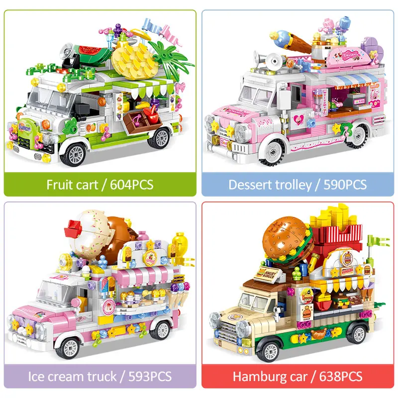 City Mini Snack Street View Ice Cream Truck Car Model Building Blocks Friends Hot Dog Camping Vehicle Bricks Toys For Kids Gift