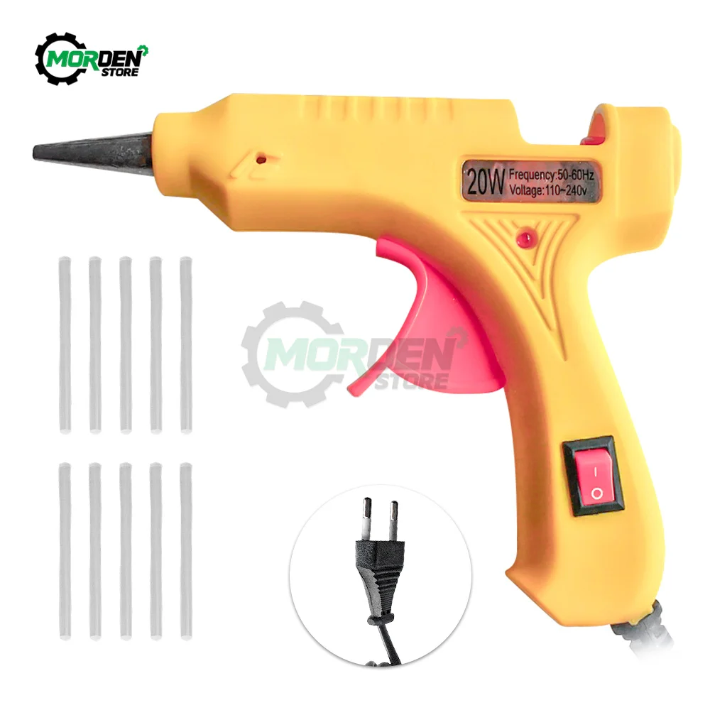 Pistola de cola quente 20w com 7mm 10 peças, mini pistolas industriais, temperatura de calor, termo elétrica, ferramenta de reparo diy