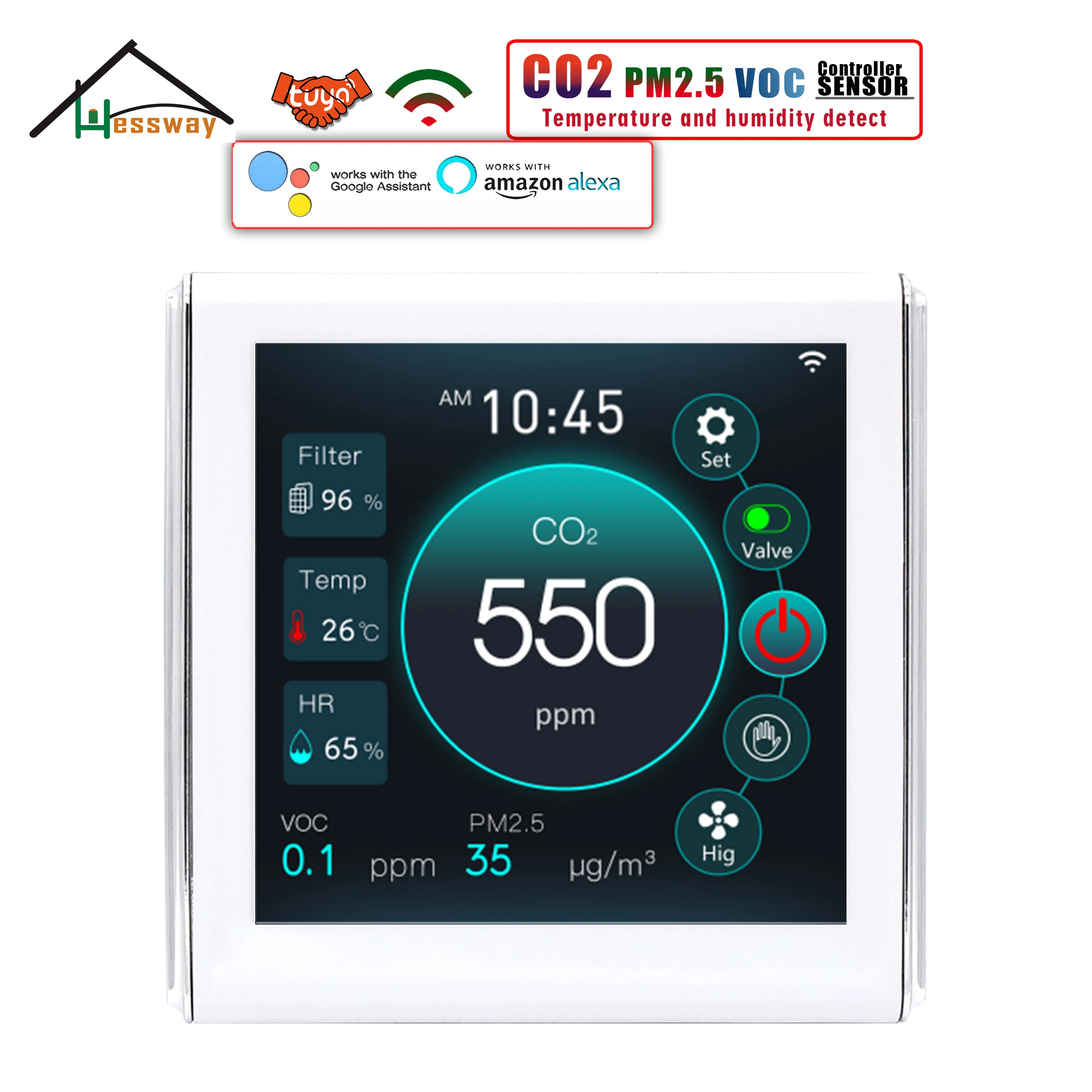 HESSWAY WIFI TUYA  CO2 VOC PM2.5 Sensor Detector Control for EC 0-10V/AC Output Through RS485&Modbusz Protocol Fresh Air System