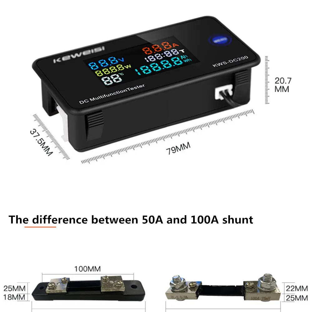 Digital Voltmeter DC 0-200V Voltage Seven Functions Power Energy Meter LED Color Display Wattmeter 0-10/50/100A KWS-DC200