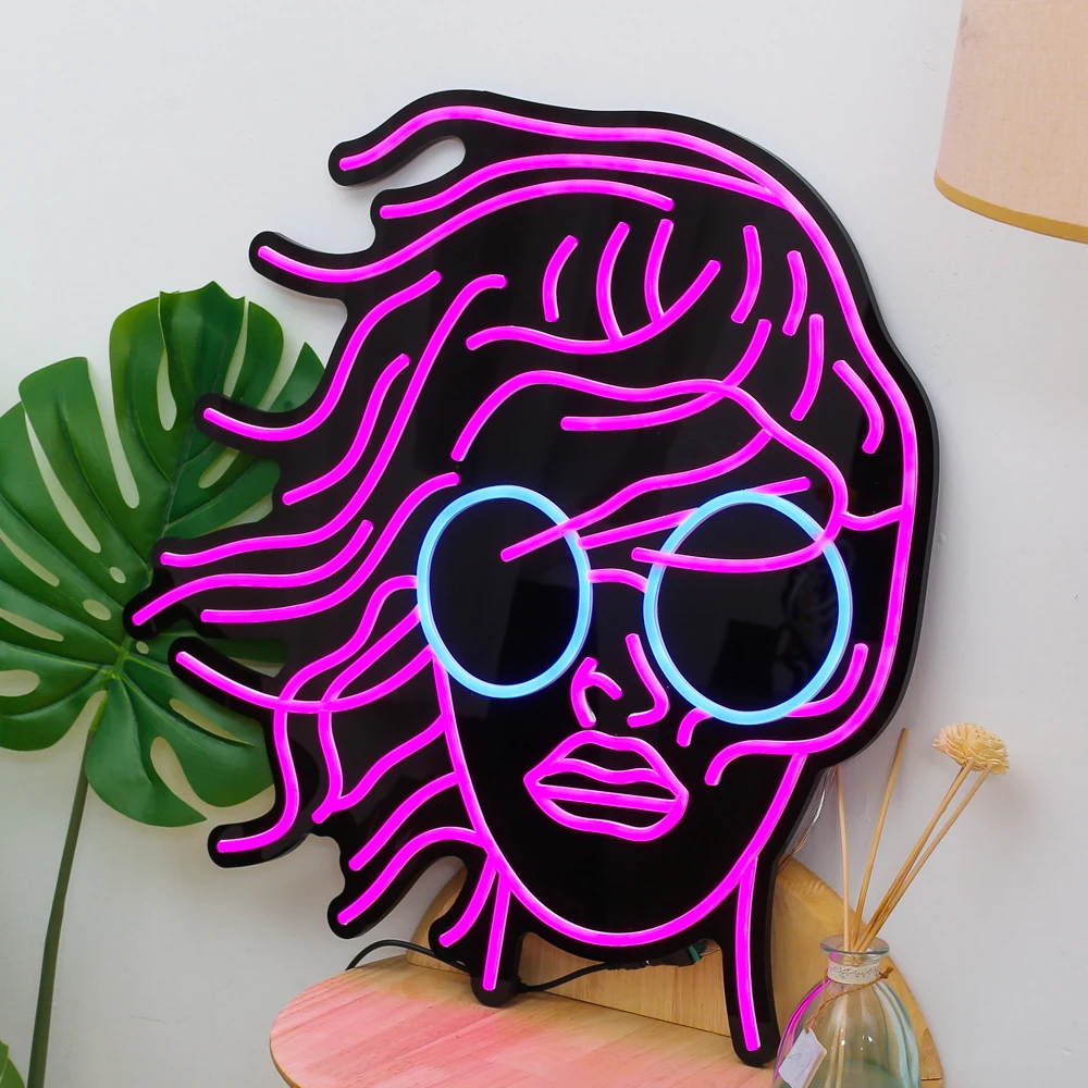 Pink WOMEN GIRL HEAD PORTRAIT Glasses Led Neon Lights Shaped Neon Wall Art for SPA, Cinema, KTV Nail Salon Home Décor Bedroom