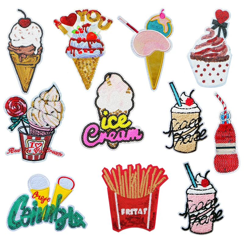 1 PCS Sequin Towel Ice Cream French Fries Drink Iron Cartoon Stickers Stripe Decals On Embroidered Sailboat Badge