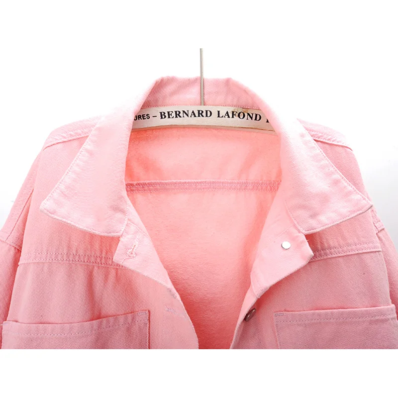 Pink Yellow Blue Denim Jacket Women Korean 6 Color Outwear Loose Short Big Pocket Three Quarter sleeve Jeans Jacket Coat Female