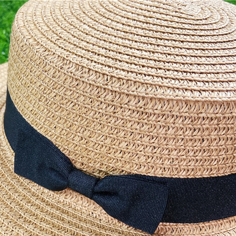 Summer New Women\'s Sun Hat Bucket cap Ribbon Flat top Straw Hats Beach Caps Panama Women Sun Hat Brim Bowknot Straw Outdoor Hat