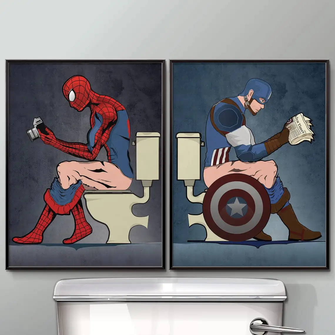 

Funny Superhero Spiderman and Captain America Bathroom Restroom Wall Art Hanging Print Home Décor Literal Toilet Humour Posters