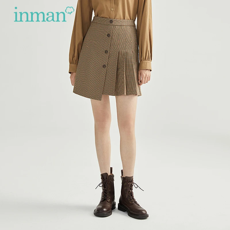 

INMAN Women's Skirt Spring Autumn Vintage Elegant Plaid High Waist Buttons Pleated Design A-line All-match Female Bottoms