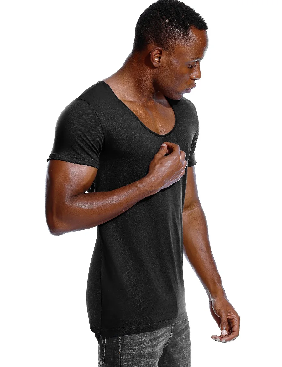 Scoop Neck T Shirt for Men Low Cut Deep V Neck Wide Vee Tee Male Tshirt Invisible Undershirt Slim Fit Short Sleeve