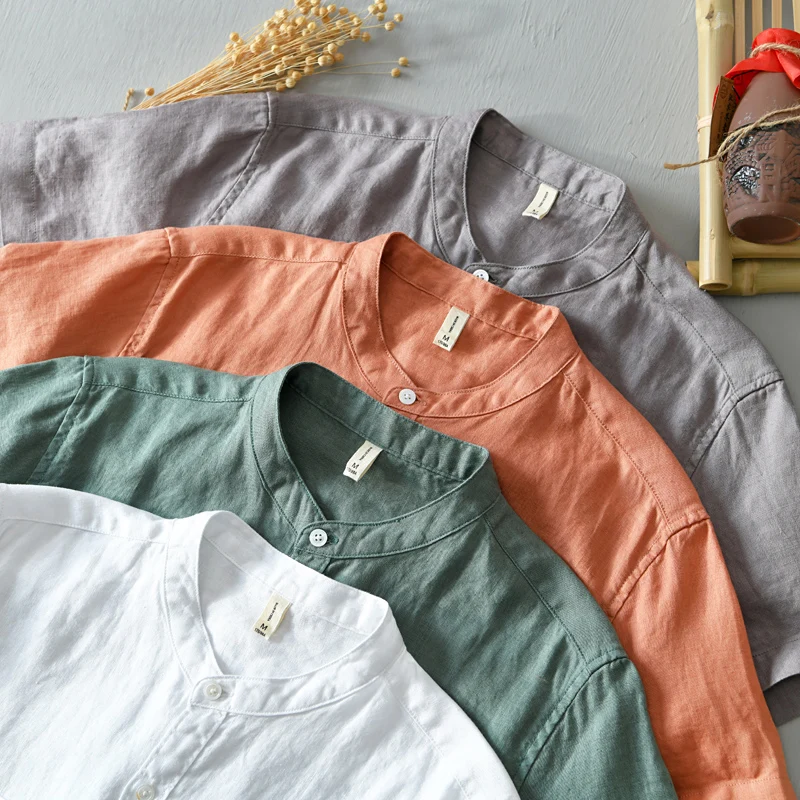 Suehaiwe's style brand Italy short sleeve pure linen shirt men fashion stand collar white shirts for men casual comfortable