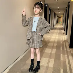 Girls Clothing Suit For Formal Party Blazer And Skirt Set Fashion Spring Children Cotton Linen Plaid Outfits 4 5 7 9 11 12 13Yrs