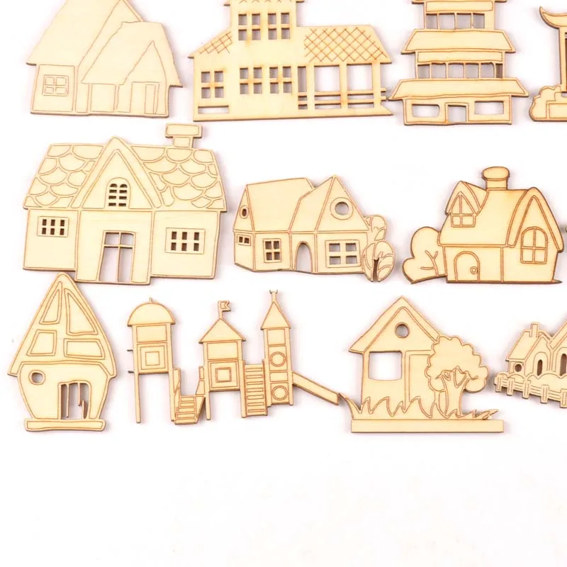 Natural Wooden House Scrapbooking Diy Craft for handcraft home decor ornament 5pcs 50-80mm mt2526