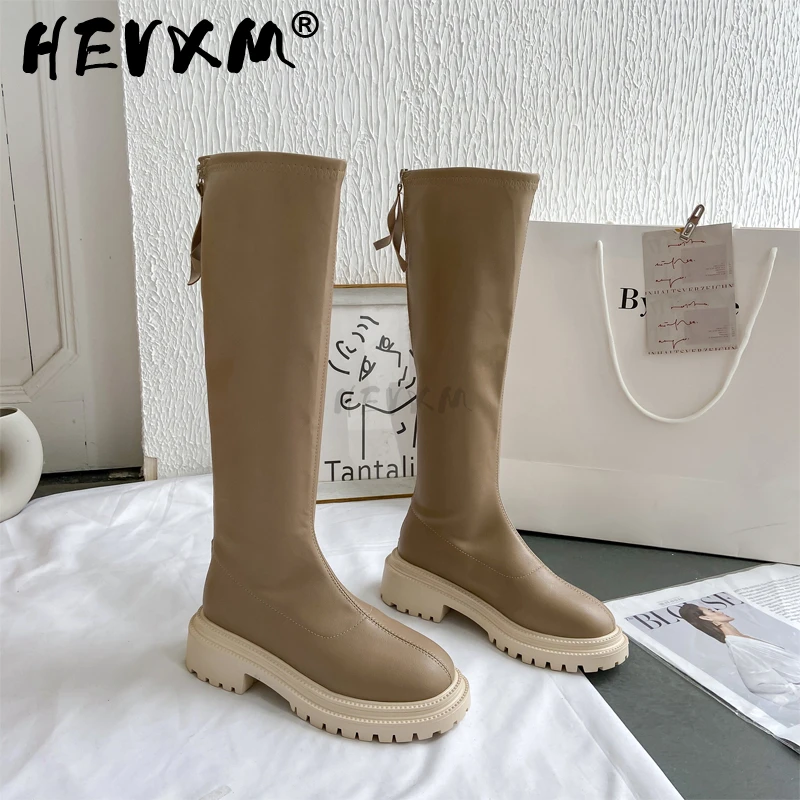 Women Platform Boots 2023 Winter Gothic Shoes Long Boots Women Fashion Black Beige Mid Calf Boots Round Toe Slip on Riding Boots