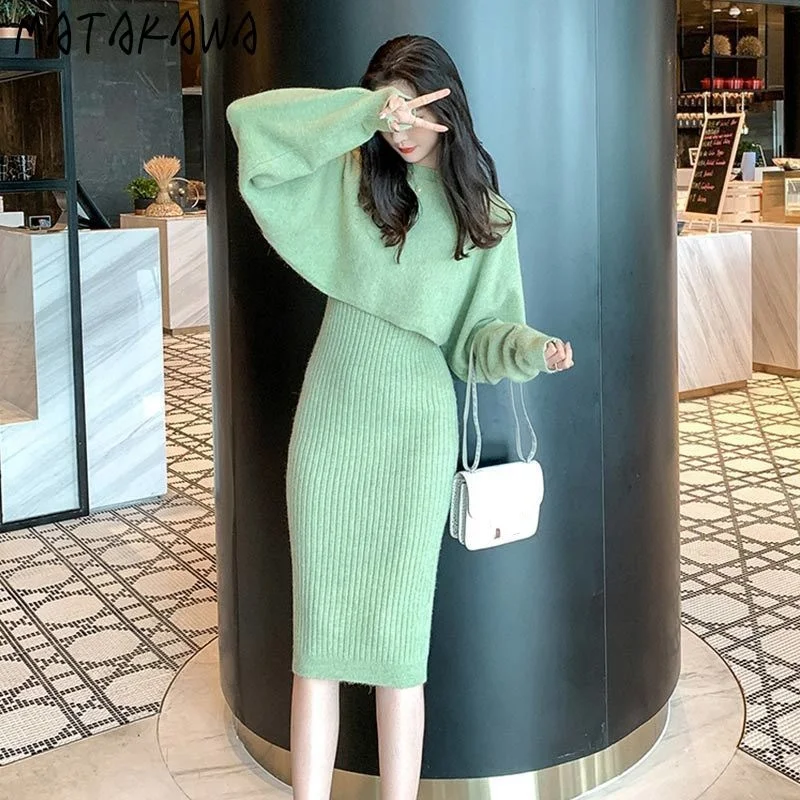 Matakawa Two Piece Set Women Fashion Solid Sexy Y2k Long Sleeve Short Sweater+spaghetti Strap Slim Waist Elegant Kintted Dress