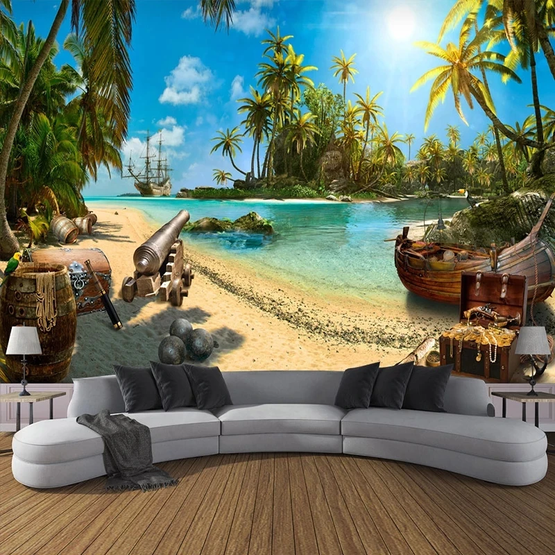 Custom 3D Wall Murals Home Decor Sandy Beach rees Sea Island Landscape Painting  Wallpapers Bedroom