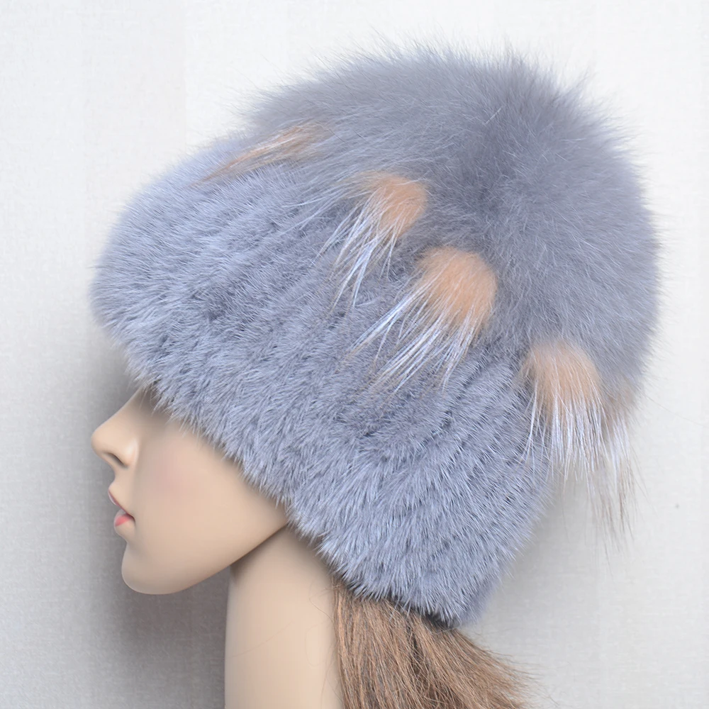 High Quality Mink Fur Hat For Women Natural Mink Fur Hat With Luxury Big Pompom Fox Fur Ball Beanies Winter Women\'s Cap Lady Hat