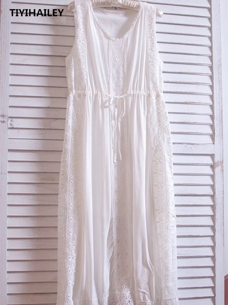 

TIYIHAILEY-Cotton Embroidery Dress, Long, Mid Calf, Sleeveless, White, Japan Style, High Quality, Summer