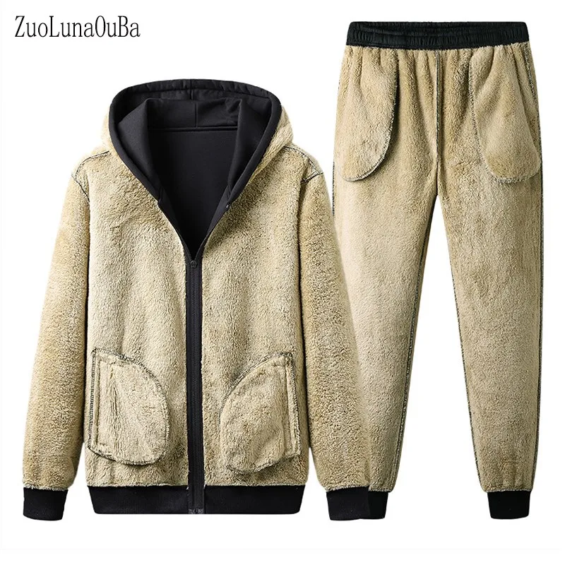 

Winter Men Suit Whole Body Fleece Sweatshirt Long Sleeve Trousers Hoodie Grey Zip Pullover