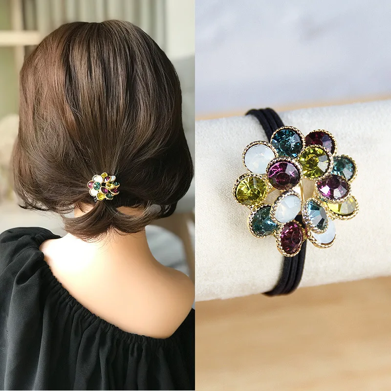 2021 Korean Elegant Rhinestone Flower Scrunchies Women Girls Elastic Hair Rubber Bands Accessories Tie Hair Ring Rope Headwear