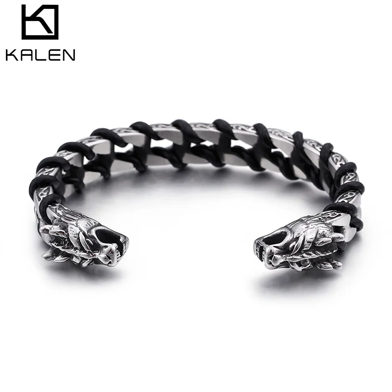 Kalen Stainless Steel Leather Dragon Bangles Vintage Metal Viking Men's Bracelet Charm Jewelry Gift