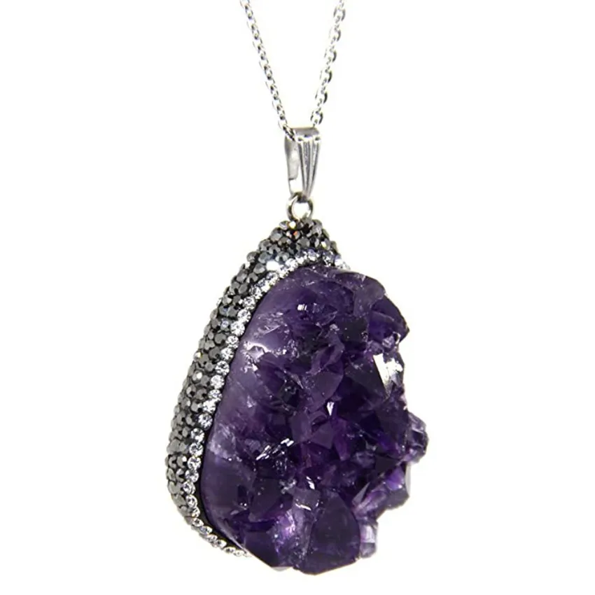 

FYSL Silver Plated Irregular Shape Natural Amethysts Stone Cluster Pendant Link Chain Necklace Fashion Jewelry