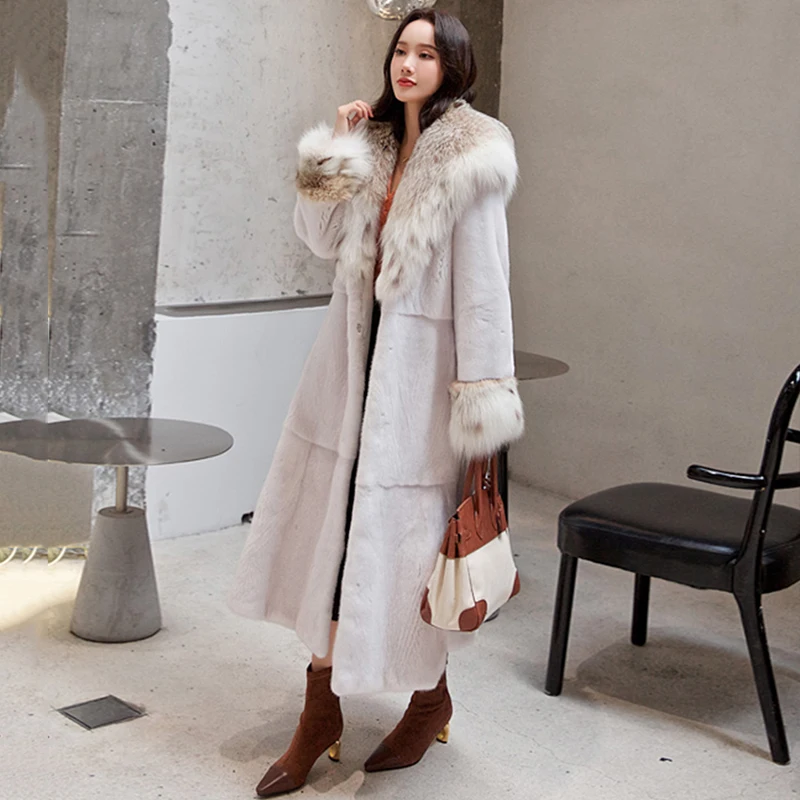 Ftangaiur New Winter Velvet Mink Fur Coats For Femal Bobcat LYNX Collar Sashes Luxury Mink Coats Women X-Long Real Fur Coats