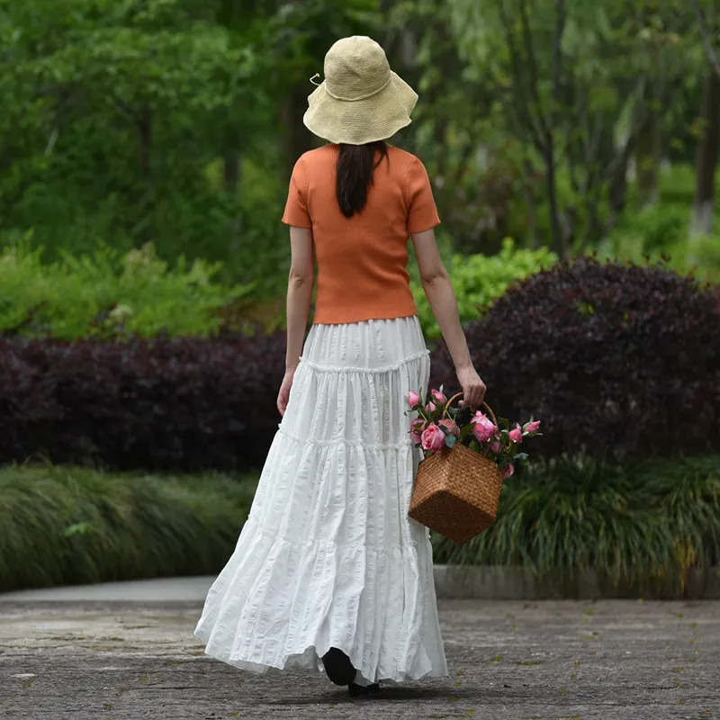 Imagem -02 - Tiyihailey-mulheres A-line Cintura Elástica Maxi Saias Longas Branco Vermelho e Verde Algodão S2xl Moda Verão 2023