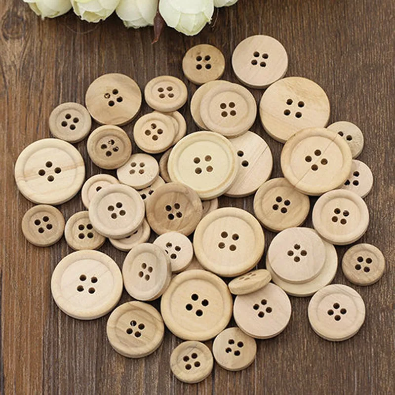 50 Stuks Houten Knoppen Natuurlijke Kleur Ronde 4 Gaten Knoppen Naaien Scrapbooking Thuis Diy Naaien Accessoires 15/20/25Mm