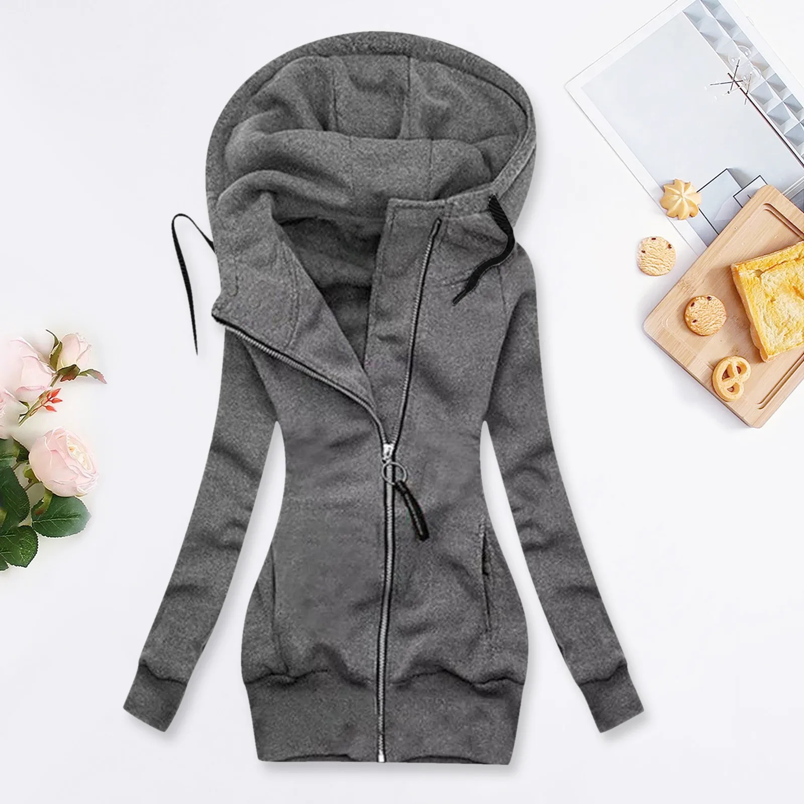 PlusSize Women Jacket Fashion Solid Color Hooded Coat Zipper Pocket Long Sleeve Sport Autumn Winter Long Hoodies Sweatshirts