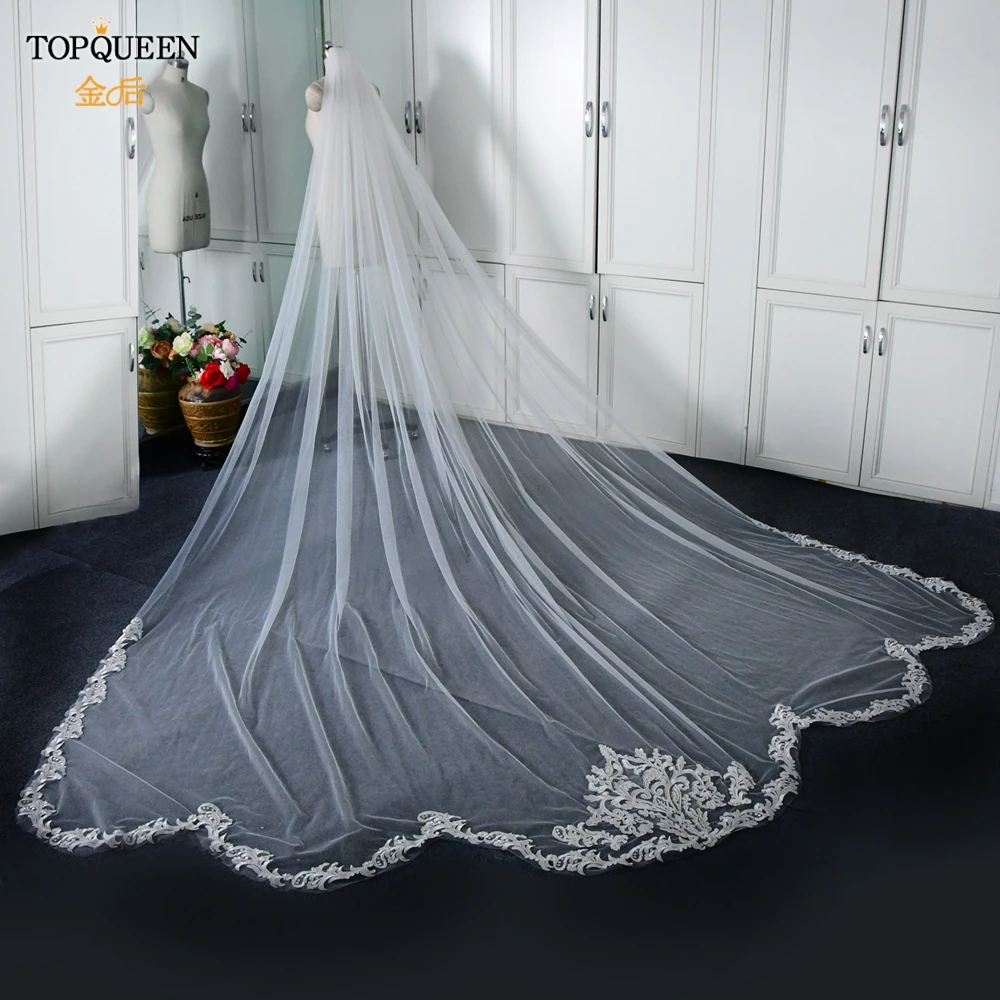 Topqueen V75 Lange Bruiloft Sluier 4 Meter Spaanse Kant Deken Bridal Veils Wedding Kathedraal Extra Lange Royal Wedding Sluier Veu