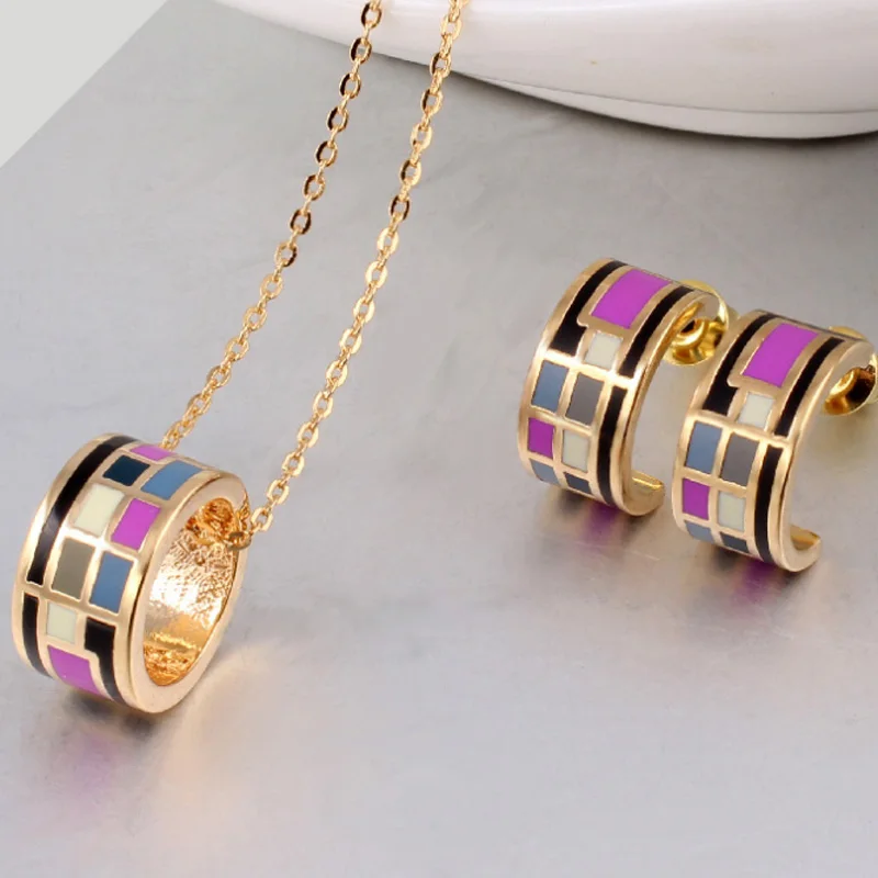 Zlxgirl small carton Geometric shape Enamel stainless pendant & earring jewelry set gold color necklace accessory sets