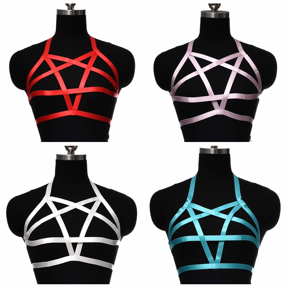 

BONDAGE STRAPPY Gothic Harness Underwear Pentagram Bra Women Fetish Festival Rave Punk Crop Top Body Harness Cage Star Bralette