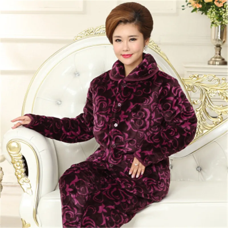 Middle-Aged Women Pajamas Suit Winter Warm Coat Quilted Thicken Pants Nightgown 2 Piece Set Winter Home Service Mother Clothes