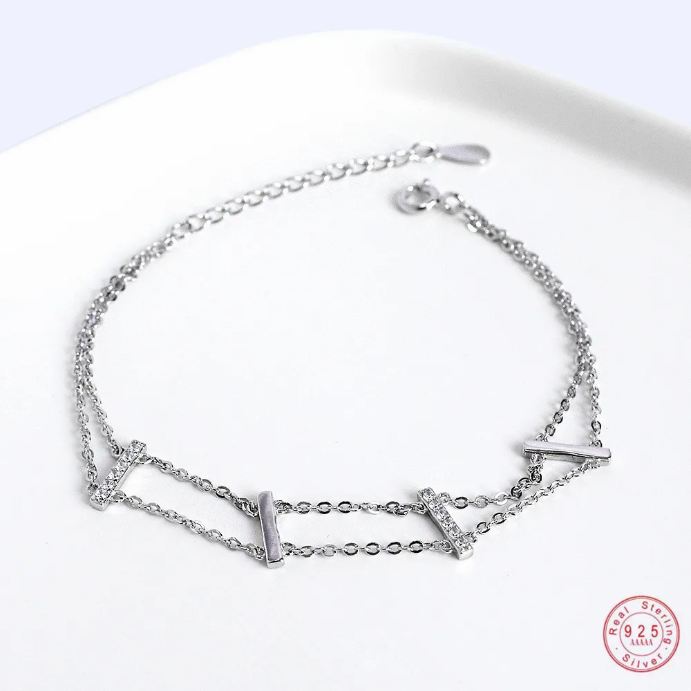 

925 Sterling Silver Bohemian Fashion Creative Pavé Crystal Double-Layer Bracelet Women Beach Surfing Casual Jewelry Accessories